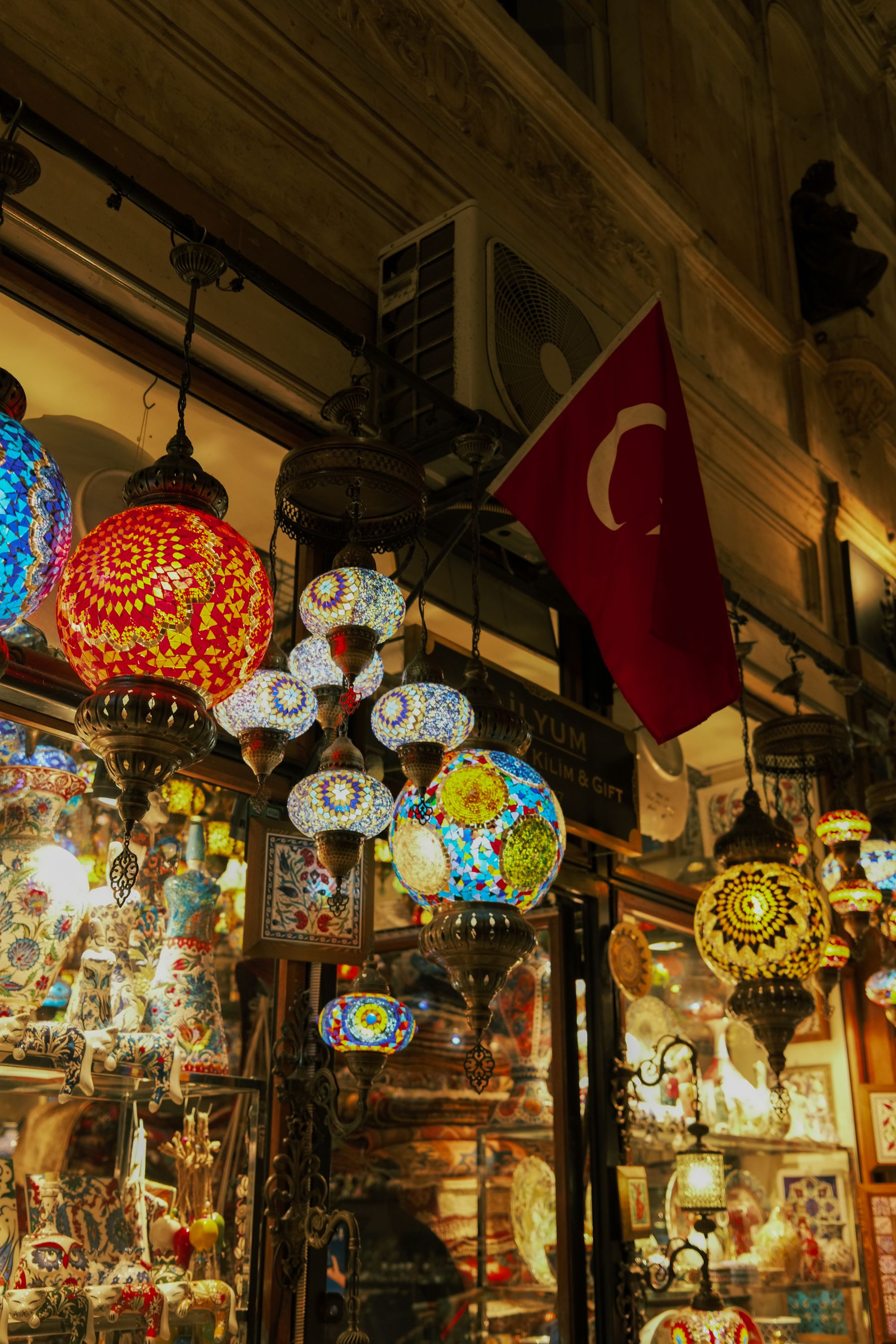 Colourful mosaic lanterns in a market