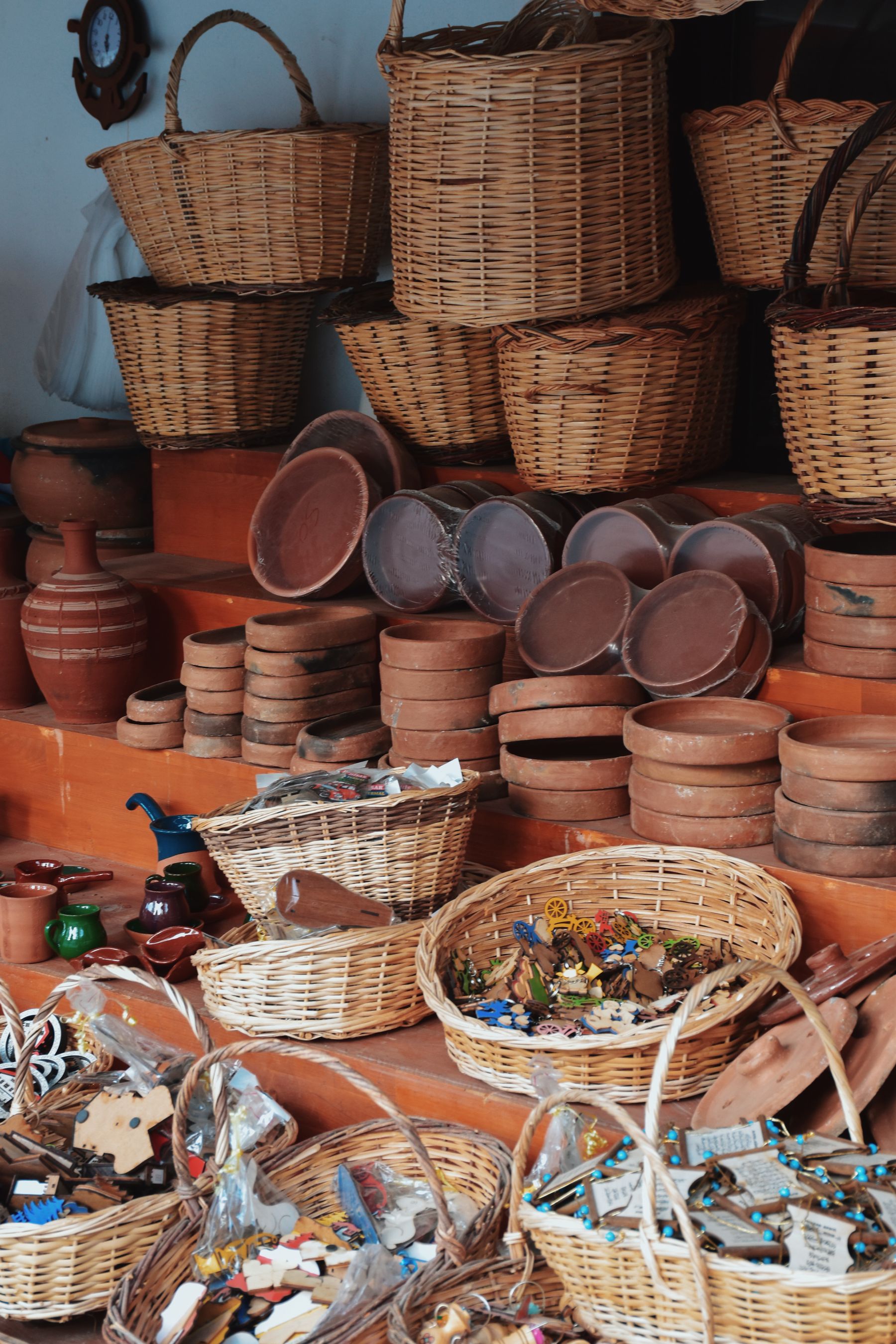 Handmade pottery and woven baskets